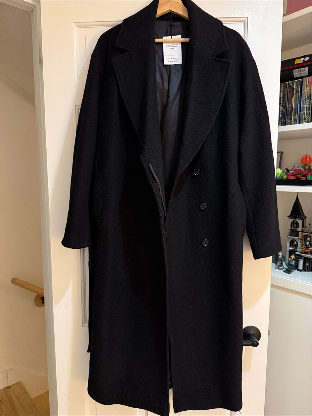 & Other Stories Black Double-Breasted Wool Trench Coat